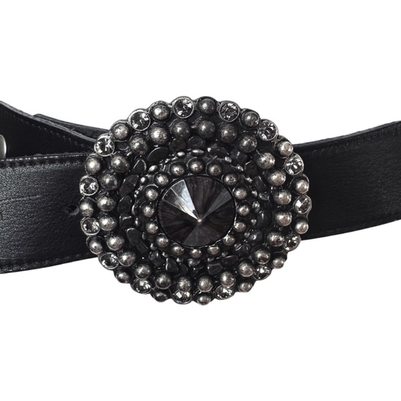 Leatherock Black Leather Belt Round Crystal Studded Buckle main image 7